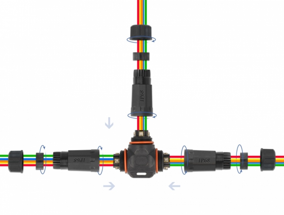 Imagine Cupla in T pentru 5 x cablu electric 4.5 - 7.5mm IP68 exterior, Delock 86919