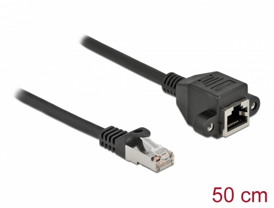 Imagine Cablu prelungitor retea RJ45 S/FTP Cat.6A 0.5m Negru, Delock 86999
