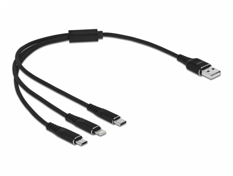 Imagine Cablu de incarcare USB-A la Lightning / Micro USB / USB Type C 0.3m Negru, Delock 87152
