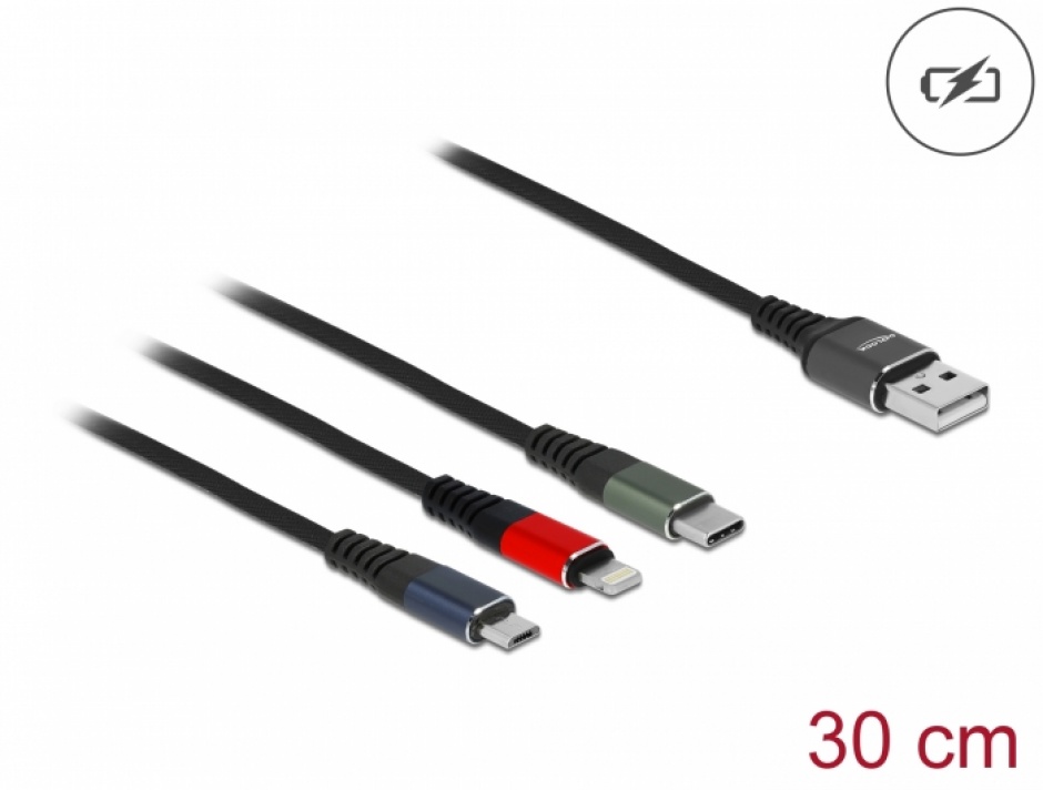 Imagine Cablu de incarcare USB-A la Lightning / Micro USB / USB Type C 0.3m, Delock 87236