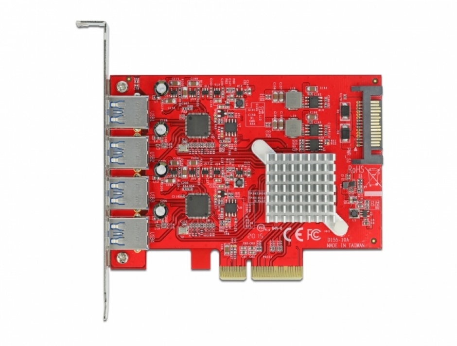 Imagine PCI Express cu 4 x SuperSpeed USB 10 Gbps (USB 3.2 Gen 2) USB-A externe, Delock 90481