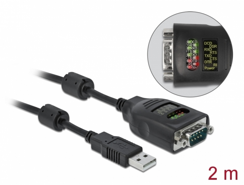Imagine Cablu USB-A la Serial RS-232 DB9 FTDI cu LED 2m, Delock 90497
