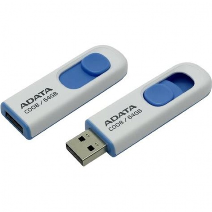 Imagine USB Stick ADATA C008 64GB USB 2.0 Capless Alb/Blue, AC008-64G-RWE (include timbru verde 0.01 lei)