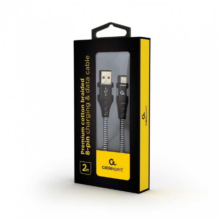 Imagine Cablu date + incarcare USB la iPhone Lightning Premium 2m Negru/Alb, Gembird CC-USB2B-AMLM-2M-BW