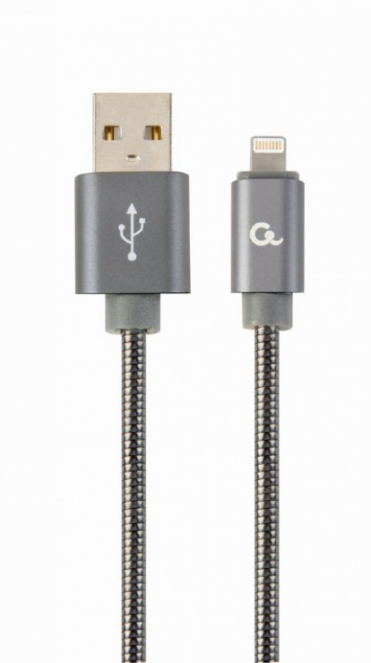 Imagine Cablu de date + incarcare USB la iPhone Lightning metalic spiral Premium 2m Metalic/Gri, Gembird CC-USB2S-AMLM-2M-BG