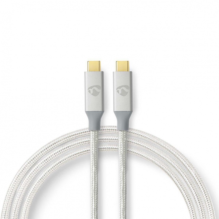 Imagine Cablu USB 3.2-C Gen 2 T-T 20Gb/s 5A/100W 2m brodat Argintiu, Nedis CCTB64020AL20