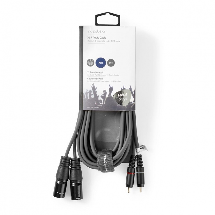 Imagine Cablu audio stereo 2 x XLR 3 pini la 2 x RCA T-T 3m Negru, Nedis COTH15210GY30