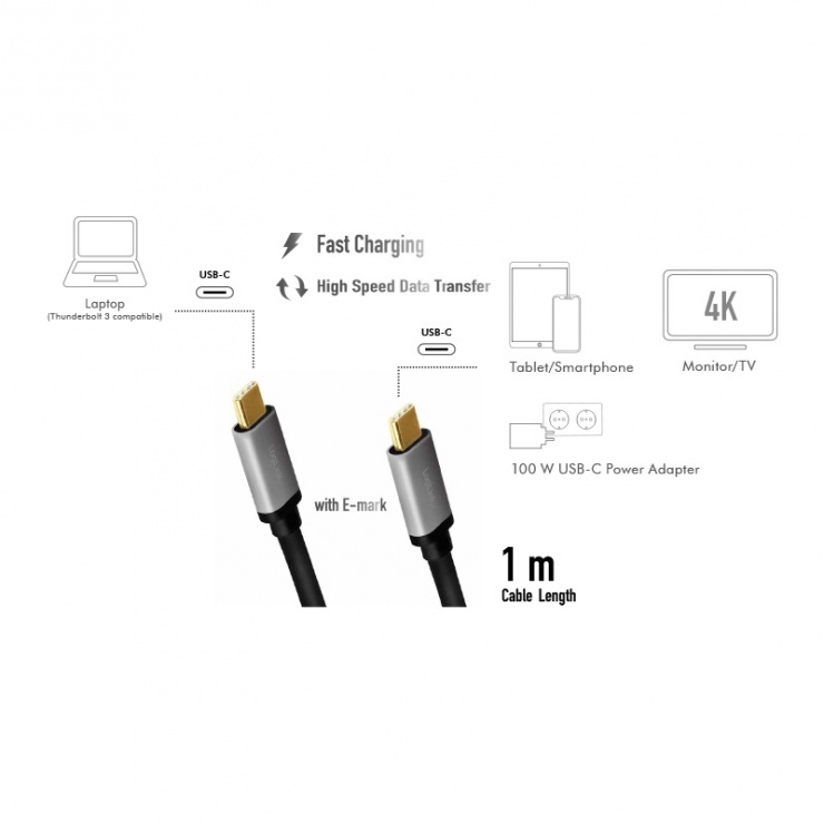 Imagine Cablu USB 3.2 Gen2 type C 4K60Hz cu PD 20V/5A/100W 1m, Logilink CUA0107