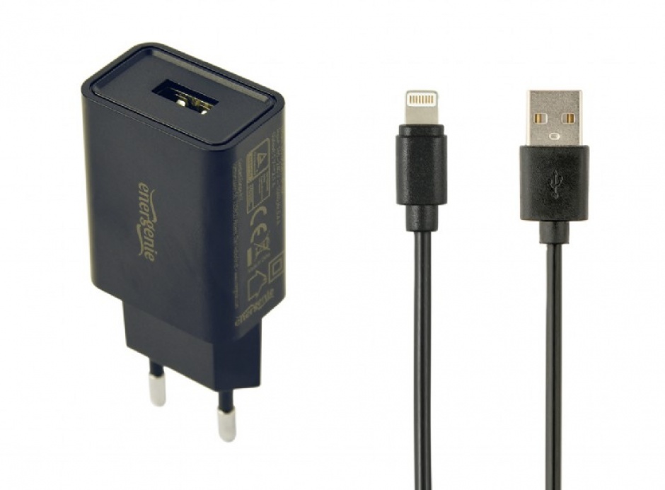 Imagine Incarcator priza 1 x USB-A 5V / 2.1A + cablu USB Lightning, Gembird EG-UCSET-8P-MX-black