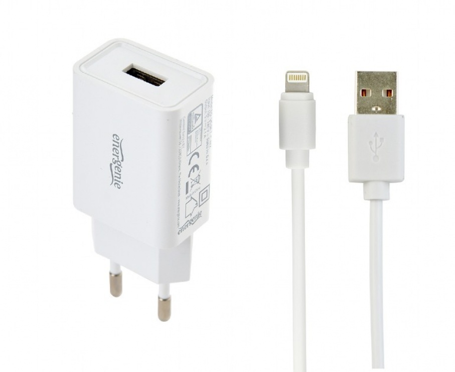 Imagine Incarcator priza 1 x USB-A 5V / 2.1A + cablu USB la Lightning, Gembird EG-UCSET-8P-MX-white