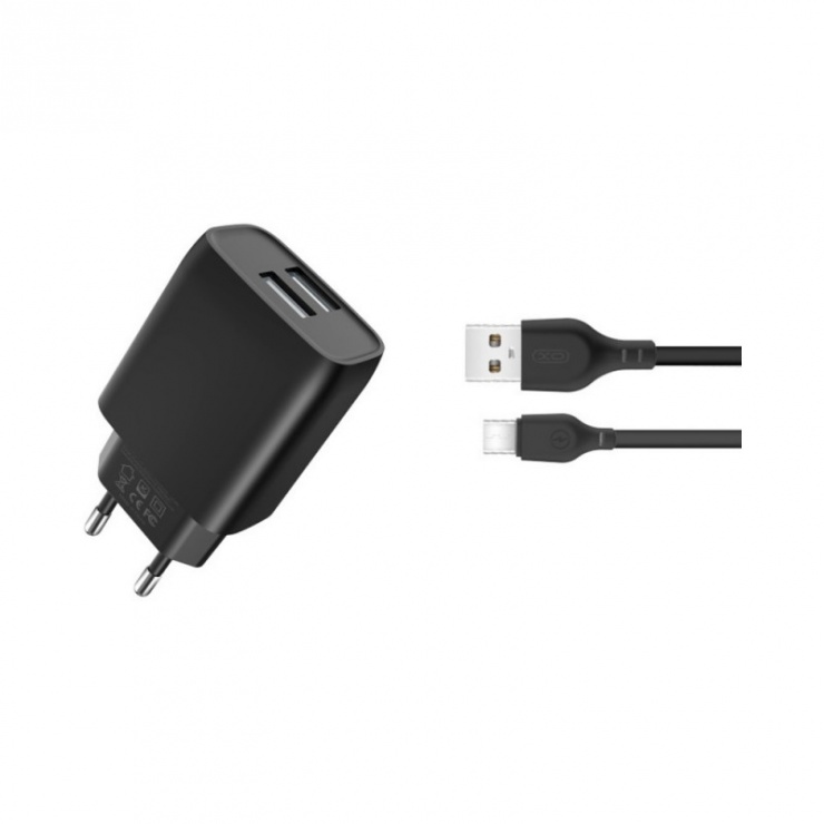 Imagine Incarcator priza 2 x USB 2A + cablu USB type C Negru, XO L57