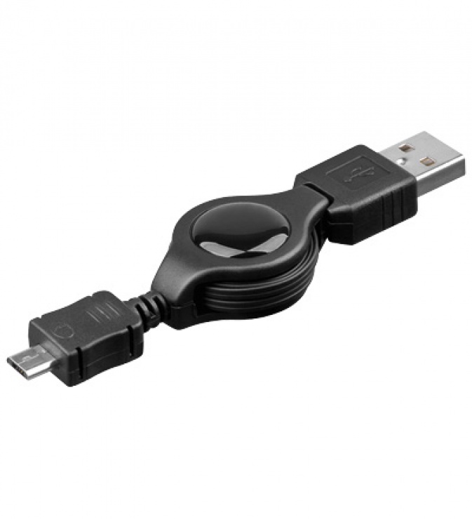 Imagine Cablu micro USB retractabil 1m T-T Negru, Goobay 45879