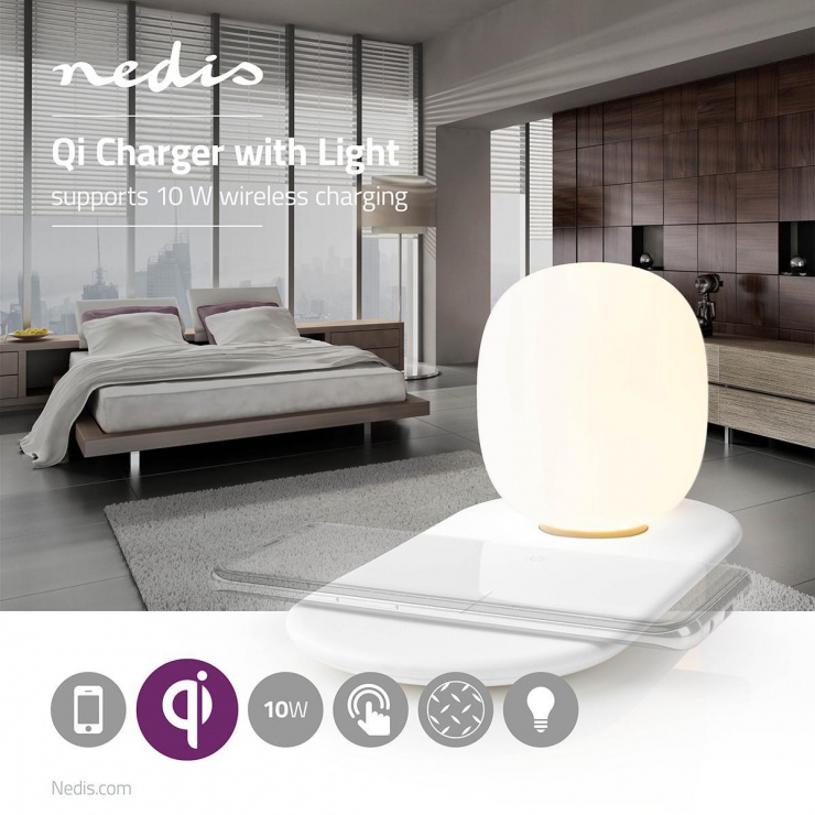 Imagine Lampa LED cu incarcator wireless Qi 10W, Nedis LTLQ10W1WT