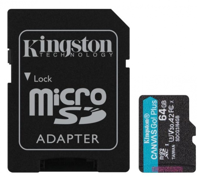 Imagine Card micro SDXC + adaptor SD 64GB Clasa 10 UHS-I Canvas GO Plus, Kingston SDCG3/64GB