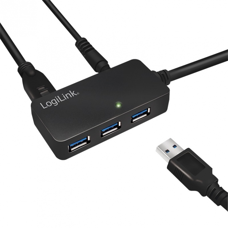 Imagine Cablu prelungitor USB 3.0 activ 10m + HUB 4 porturi USB-A, Logilink UA0262