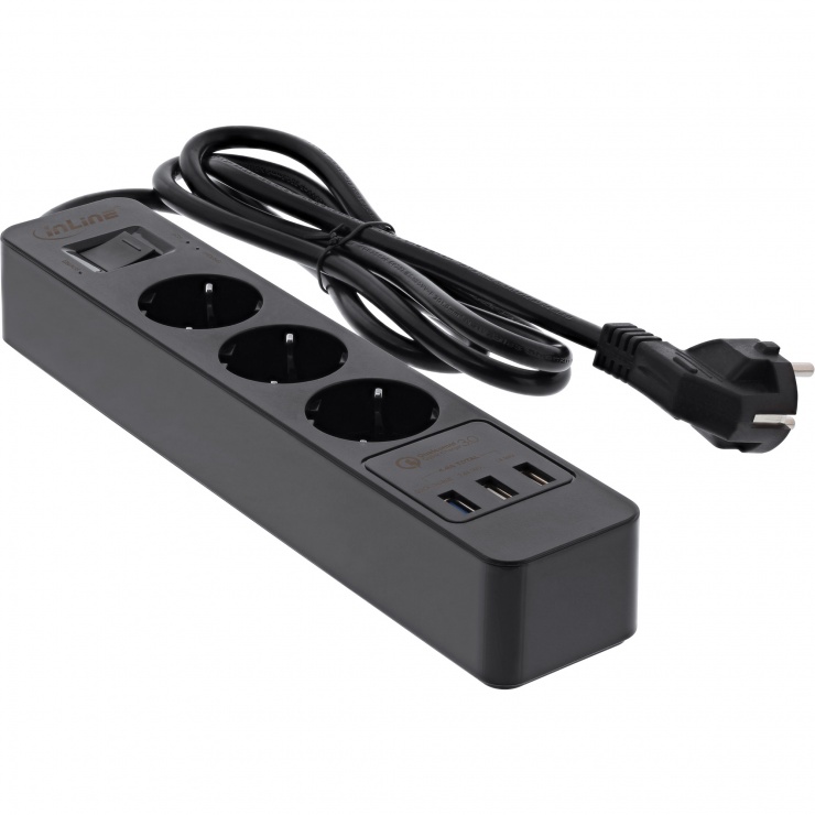 Imagine Prelungitor cu 3 x Schuko + 3 x USB-A Quick Charge 1.5m negru, InLine IL16491S