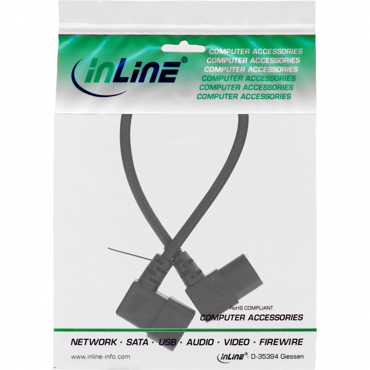 Imagine Cablu prelungitor C13 la C14 unghi 90 grade 1m Negru, InLine 16601A