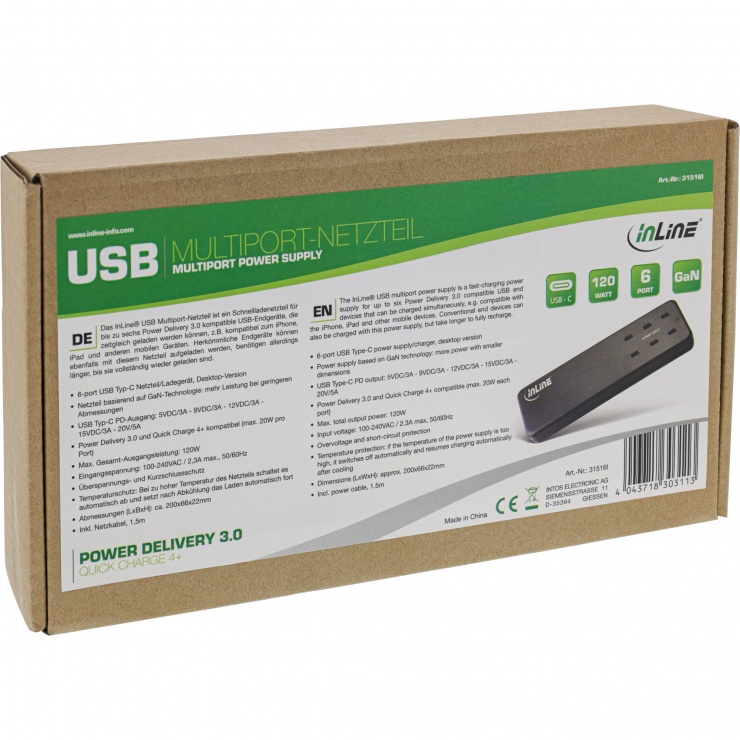 Imagine Statie de incarcare (incarcator priza) 6 x USB type C PD 3.0 120W, InLine IL31516I