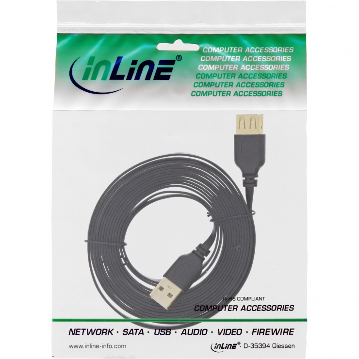 Imagine Cablu prelungitor USB 2.0 T-M flat 5m Negru, InLine IL34605F