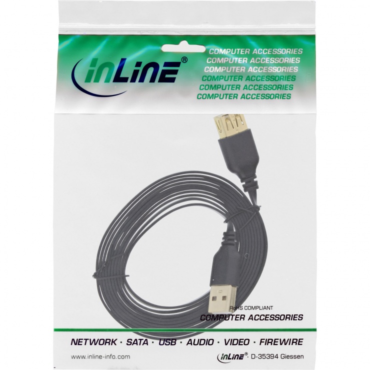 Imagine Cablu prelungitor USB 2.0 T-M flat 2m Negru, InLine IL34620F