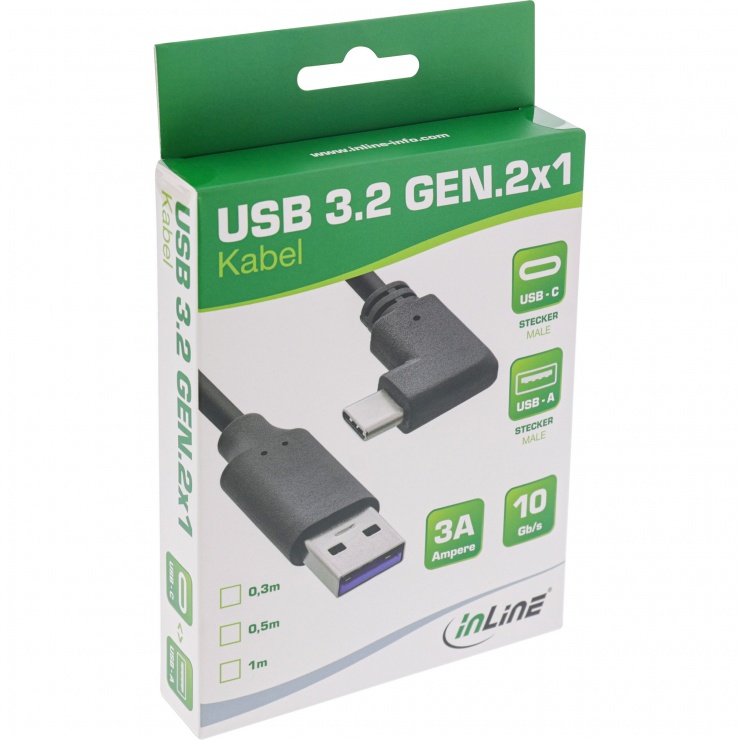 Imagine Cablu USB 3.2 Gen2-A la USB type C drept/unghi 90 grade T-T 0.3m, InLine IL35717W