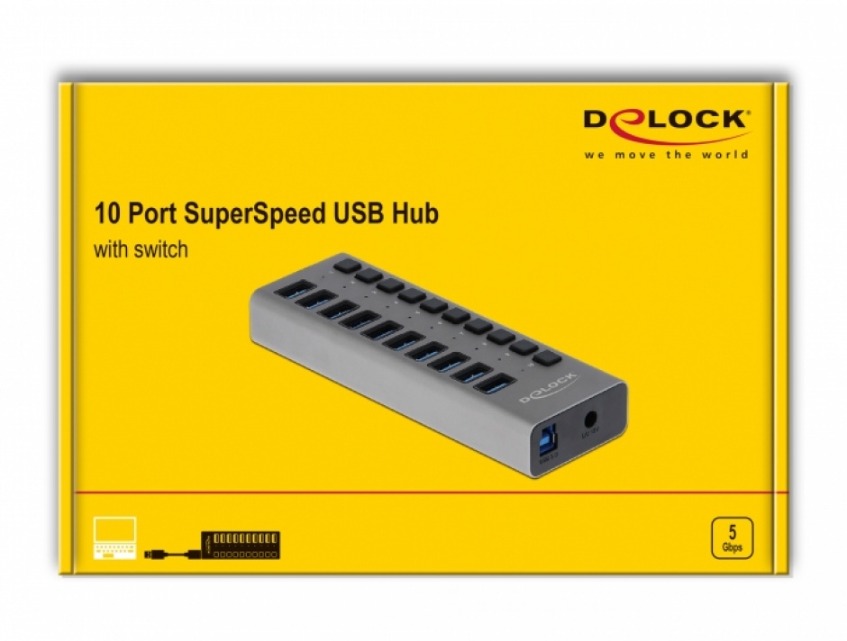 Imagine HUB cu 10 porturi USB 3.0 + Switch On/Off, Delock 63670