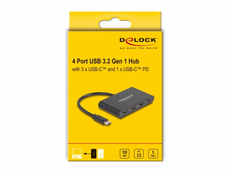 Imagine HUB USB 3.2 Gen1 type C la 3 x USB type C + PD 100W, Delock 64174