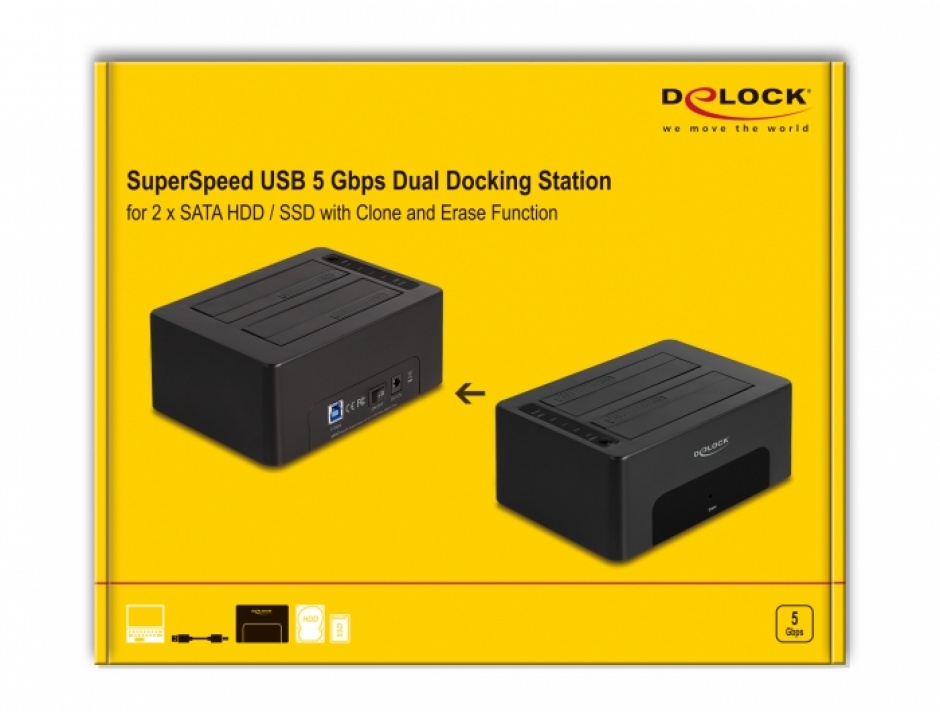 Imagine Dual docking station 2 x SATA HDD/SSD Functie de clona/Erase, Delock 64187
