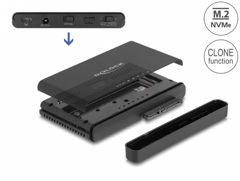 Imagine Convertor USB 3.2 Gen2 type C la M.2 NVMe SSD + 1 x SATA SSD/HDD cu functie de clona, Delock 64190