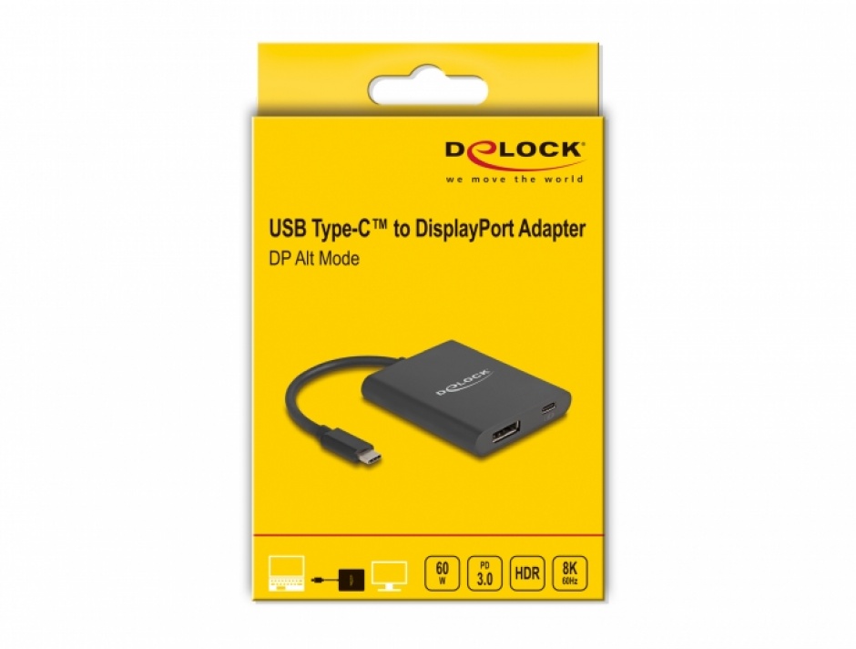Imagine Adaptor USB type C la Displayport  (DP Alt Mode) 8K60Hz HDR + PD 60W, Delock 64202