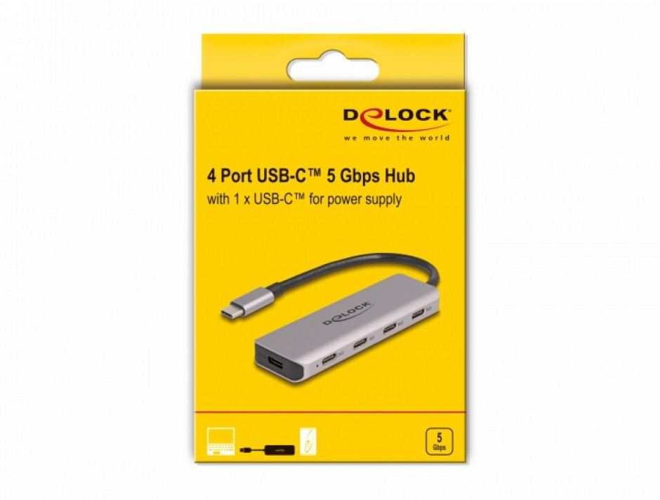 Imagine HUB USB 3.2 type C la 4 x USB type C + alimentare, Delock 64238