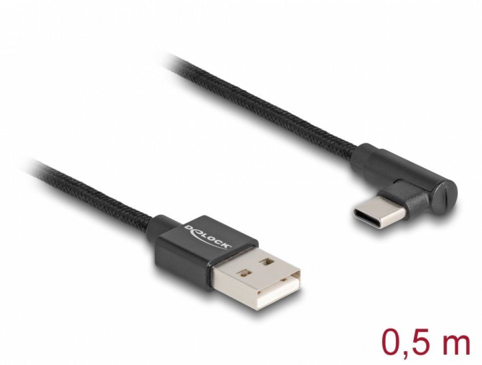 Imagine Cablu USB 2.0-A la USB type C unghi T-T 0.5m brodat Negru, Delock 80029