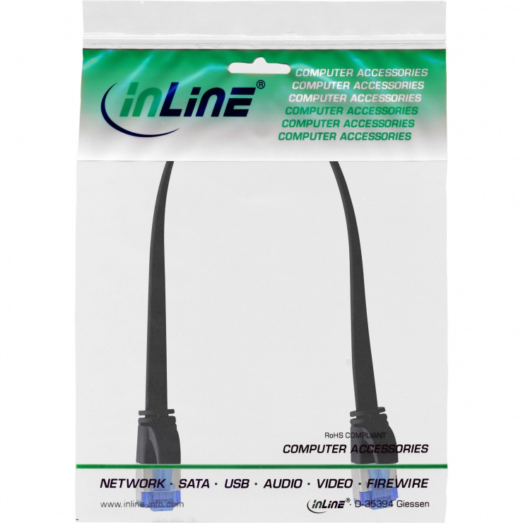 Imagine Cablu de retea RJ45 flat FTP Cat.6A 0.3m Negru, InLine IL75713S