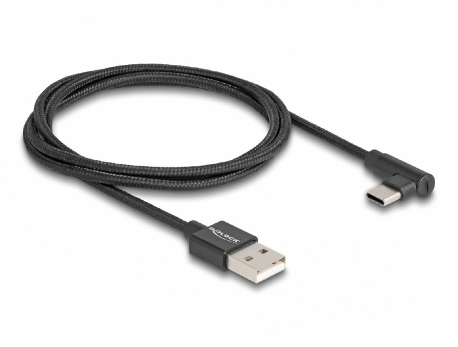 Imagine Cablu USB 2.0-A la USB type C unghi T-T 1m brodat Negru, Delock 80030