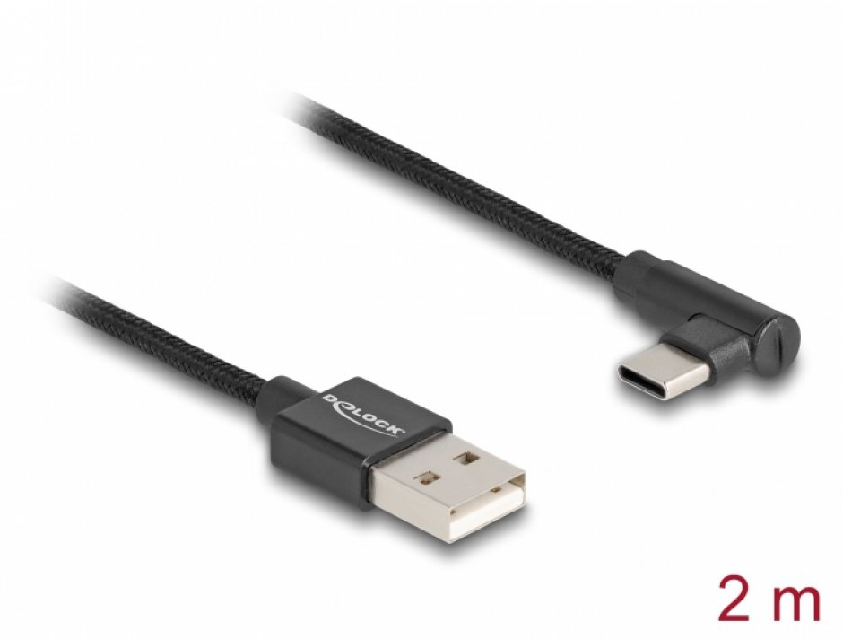 Imagine Cablu USB 2.0-A la USB type C unghi T-T 2m brodat Negru, Delock 80031