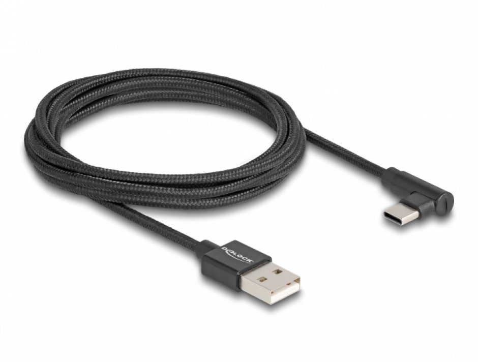 Imagine Cablu USB 2.0-A la USB type C unghi T-T 2m brodat Negru, Delock 80031