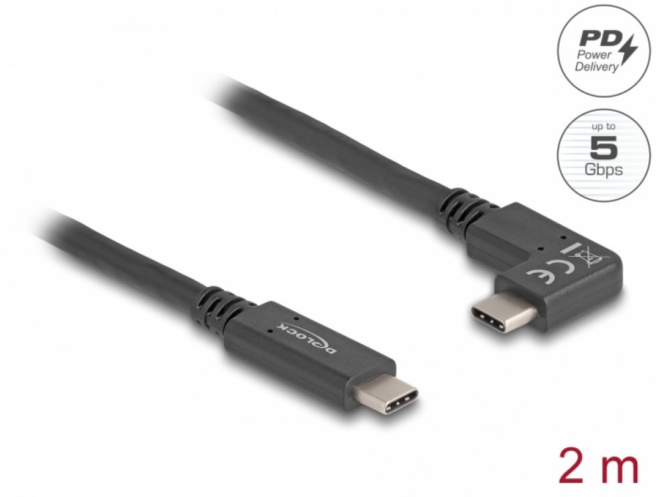 Imagine Cablu USB 3.2 Gen2 type C 4K60Hz/60W unghi dreapta/stanga-drept E-Marker T-T 2m, Delock 80038