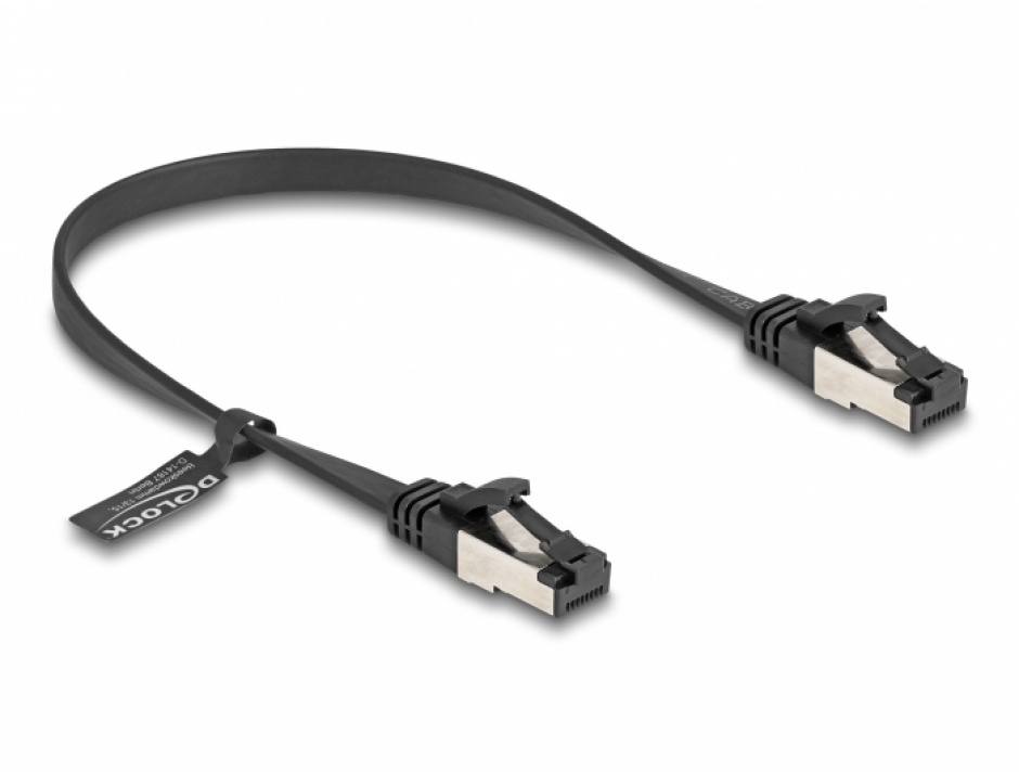 Imagine Cablu de retea RJ45 FTP Cat.8.1 flat/flexibil 0.25m Negru, Delock 80177