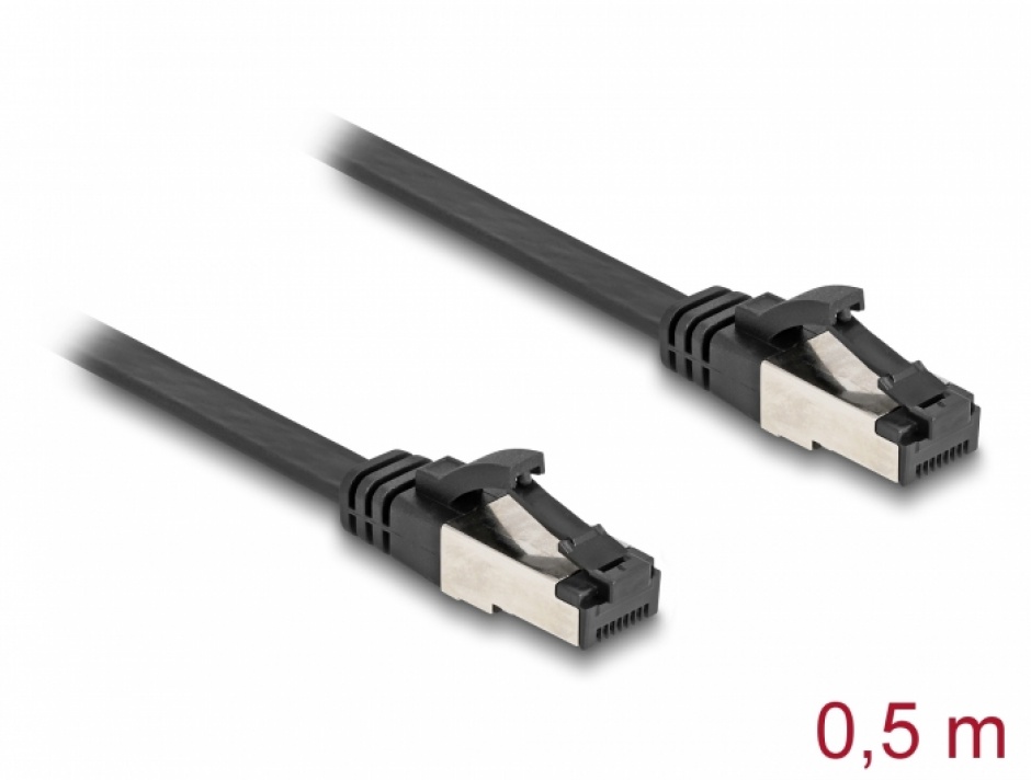 Imagine Cablu de retea RJ45 FTP Cat.8.1 flat/flexibil 0.5m Negru, Delock 80178