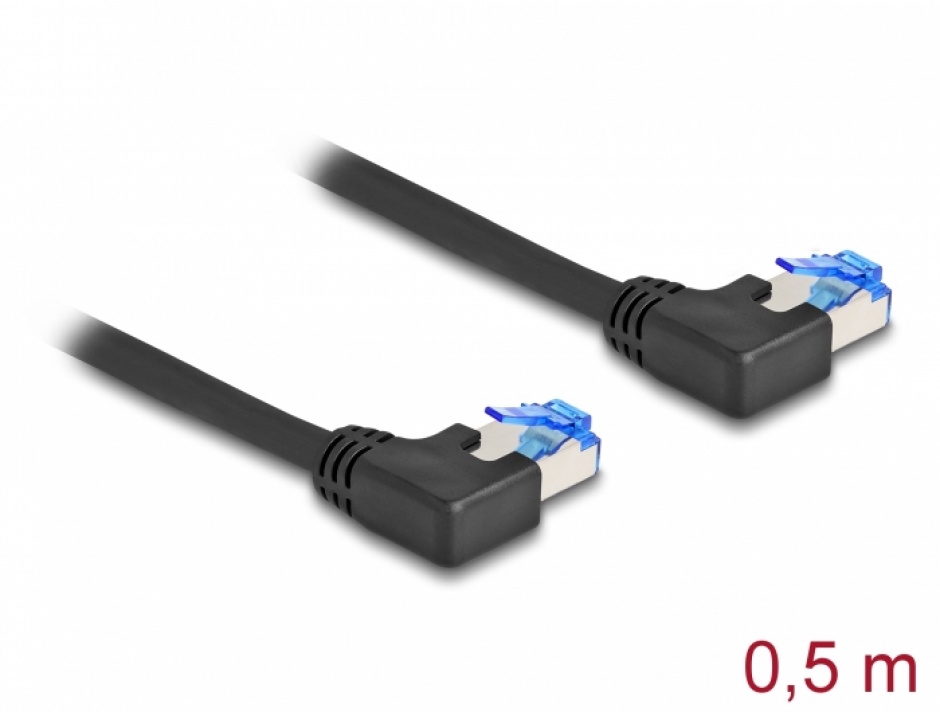 Imagine Cablu de retea RJ45 Cat.6A SFTP LSOH unghi 90 grade stanga 0.5m Negru, Delock 80209