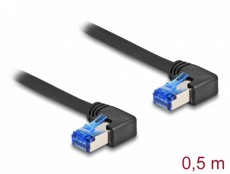 Imagine Cablu de retea RJ45 Cat.6A SFTP LSOH unghi 90 grade dreapta 0.5m Negru, Delock 80213
