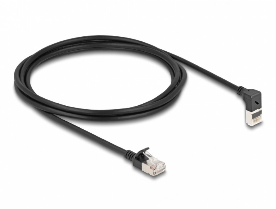 Imagine Cablu de retea RJ45 Cat.6A S/FTP Slim unghi 90 grade sus/drept 5m Negru, Delock 80290