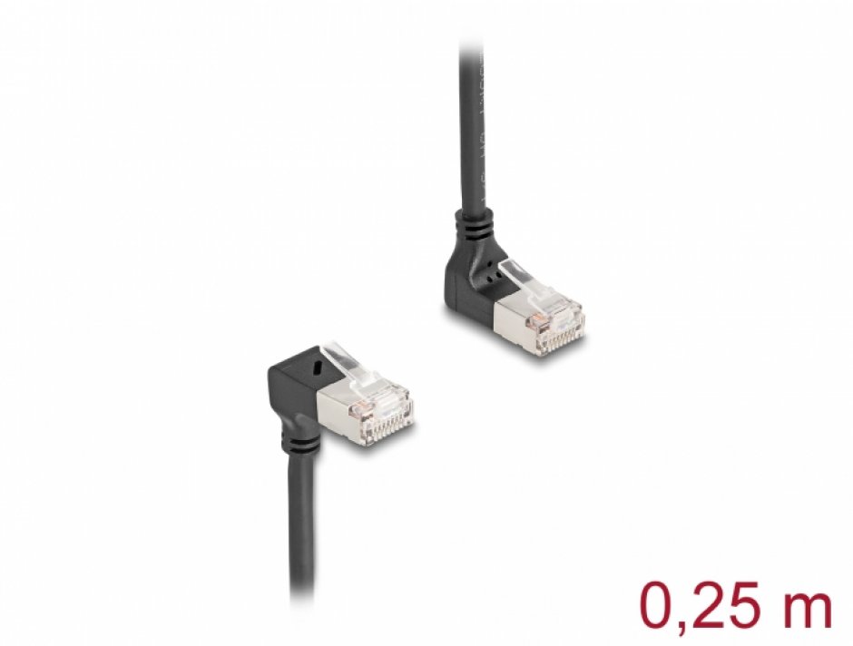 Imagine Cablu de retea RJ45 Cat.6A S/FTP Slim unghi 90 grade sus/jos 0.25m Negru, Delock 80291