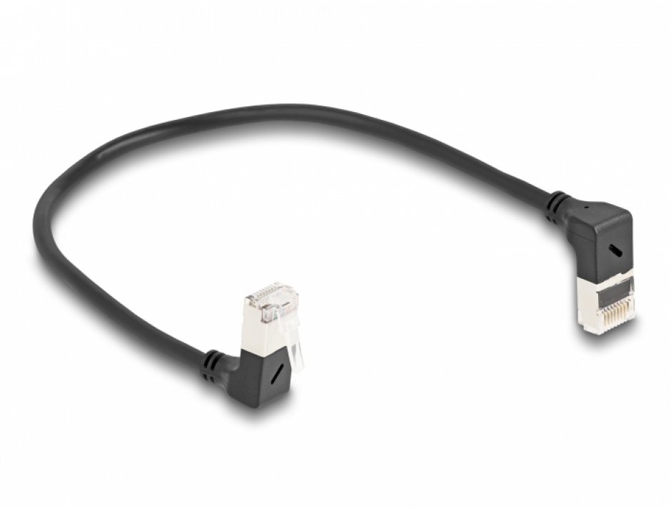 Imagine Cablu de retea RJ45 Cat.6A S/FTP Slim unghi 90 grade sus/jos 0.25m Negru, Delock 80291