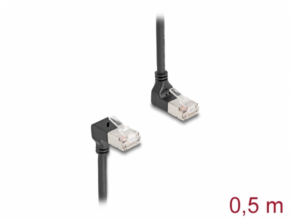 Imagine Cablu de retea RJ45 Cat.6A S/FTP Slim unghi 90 grade sus/jos 0.5m Negru, Delock 80292