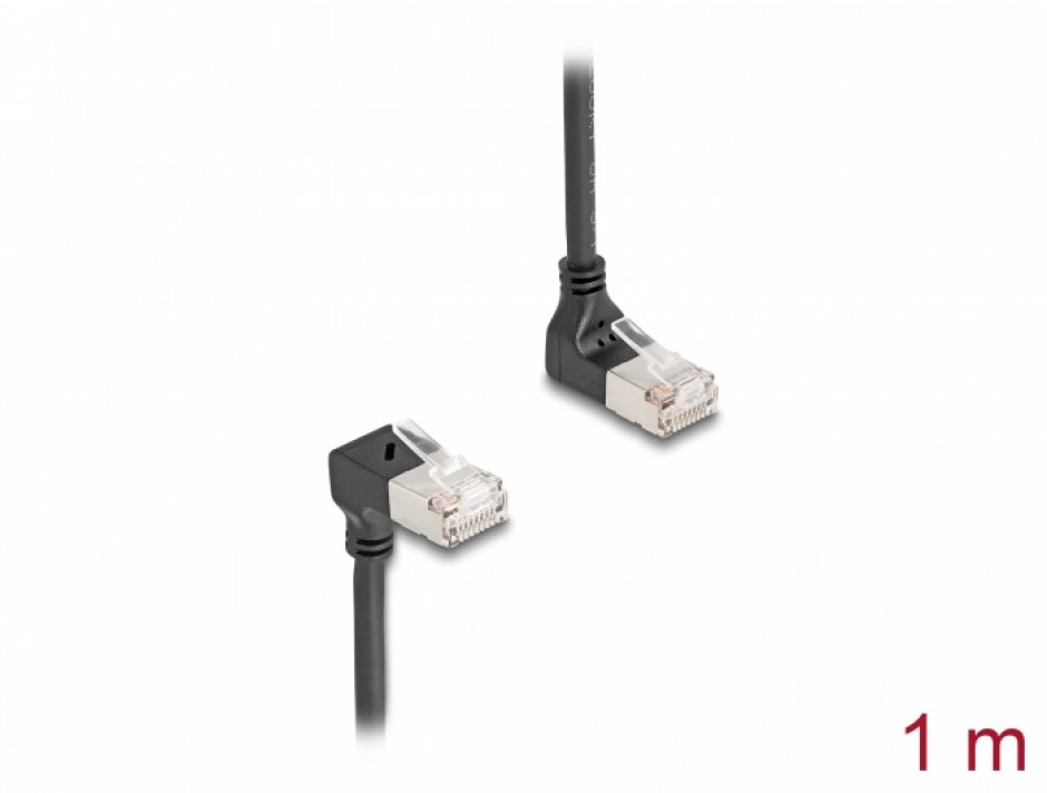 Imagine Cablu de retea RJ45 Cat.6A S/FTP Slim unghi 90 grade sus/jos 1m Negru, Delock 80293