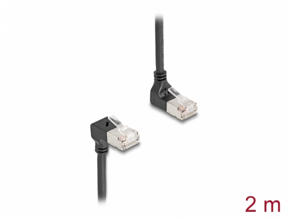 Imagine Cablu de retea RJ45 Cat.6A S/FTP Slim unghi 90 grade sus/jos 2m Negru, Delock 80294
