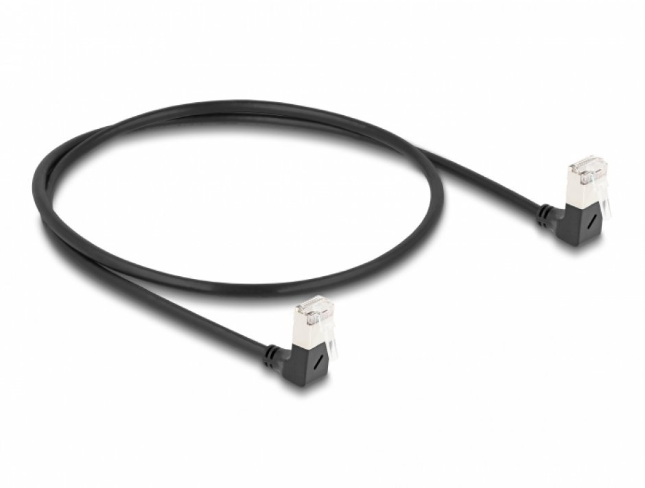 Imagine Cablu de retea RJ45 Cat.6A S/FTP Slim unghi 90 grade jos/jos 0.5m Negru, Delock 80298
