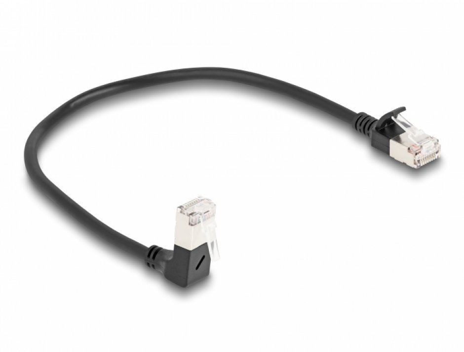 Imagine Cablu de retea RJ45 Cat.6A S/FTP Slim unghi 90 grade jos/drept 0.25m Negru, Delock 80303