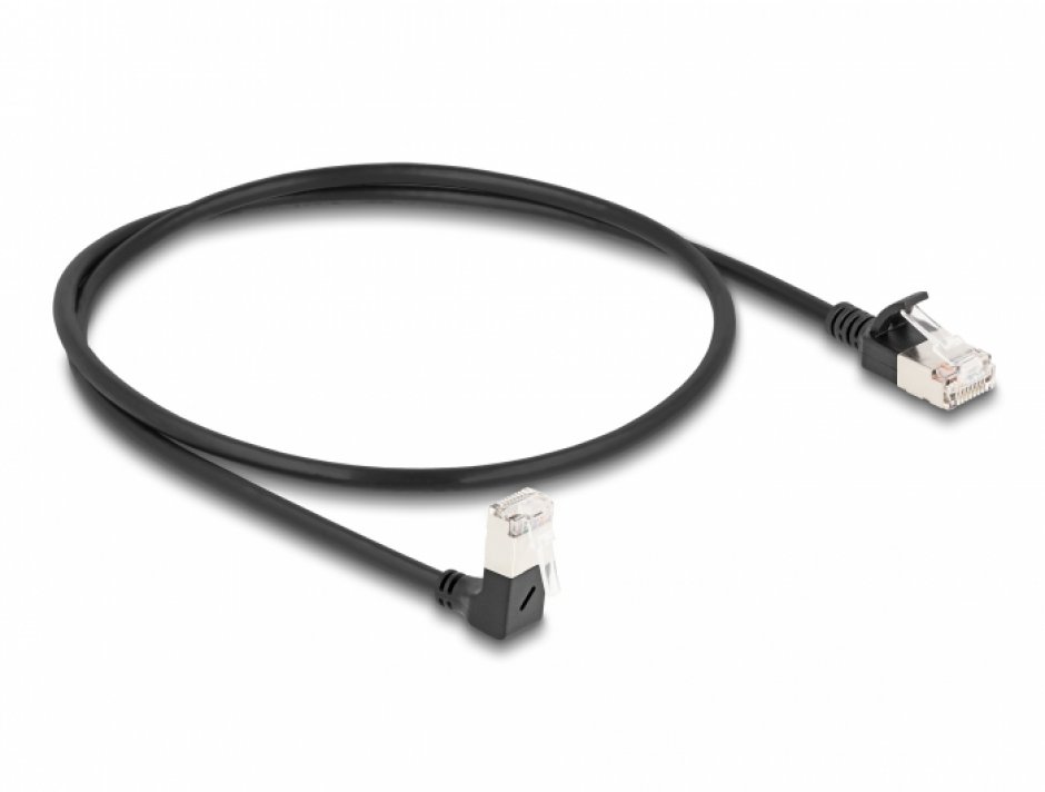 Imagine Cablu de retea RJ45 Cat.6A S/FTP Slim unghi 90 grade jos/drept 1m Negru, Delock 80305